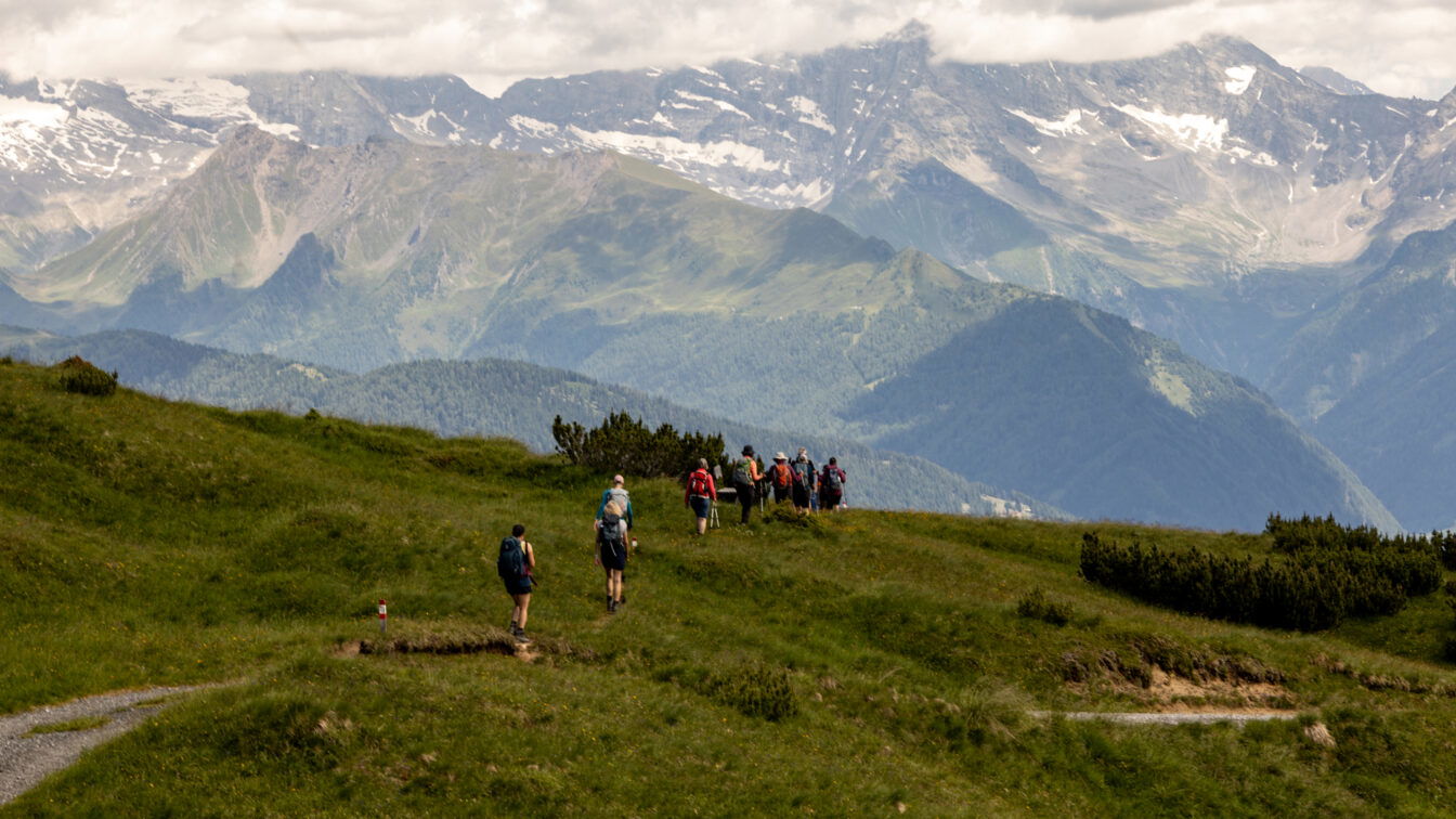 (c) Sonja Koller | 1000things Wandergruppe beim Aufstieg über saftig grüne Almwiesen in Richtung Blaser – eine beliebte Wanderung im Stubaital.