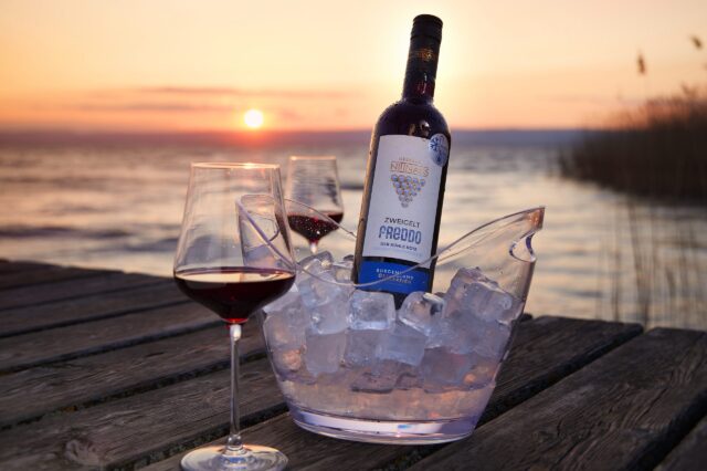 (c) Helmreich eine gekühlte Flasche Rotwein mit zwei Gläsern am Ufer des Neusiedlersees