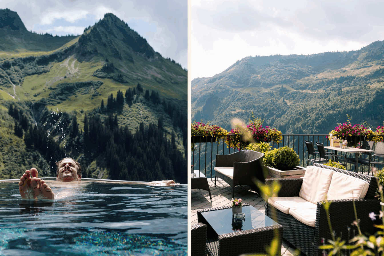 Ein schwimmener Mann im Pool mit Alpenpanorama und Tische auf einer Panorama-Terrasse