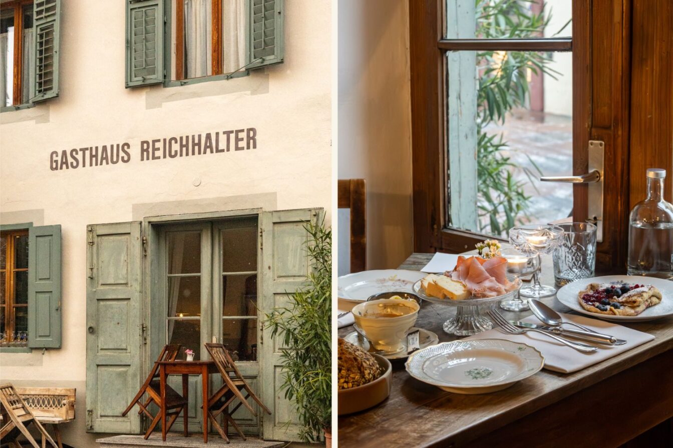 „Charmantes historisches Hotel Reichhalter in Lana, Südtirol, mit grünen Fensterläden und gemütlichem Frühstückstisch im Innenraum, gedeckt mit regionalen Spezialitäten.“