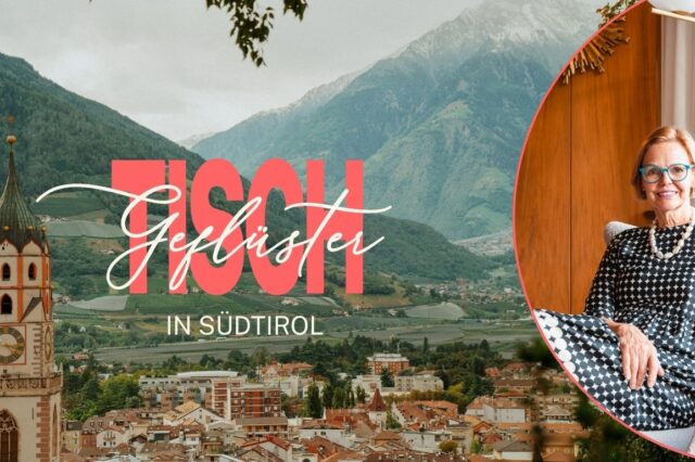 Blick über Meran in Südtirol mit Bergpanorama und Turm sowie das Portrait einer älteren Frau mit türkiser Brille.