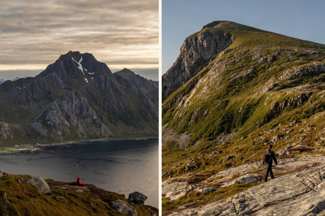 Wanderung auf den Offersøykammen auf den Lofoten, Norwegen – beeindruckender Ausblick auf Fjord und Berglandschaft bei Sonnenuntergang sowie Aufstieg durch felsige, grüne Hänge in der goldenen Abendsonne
