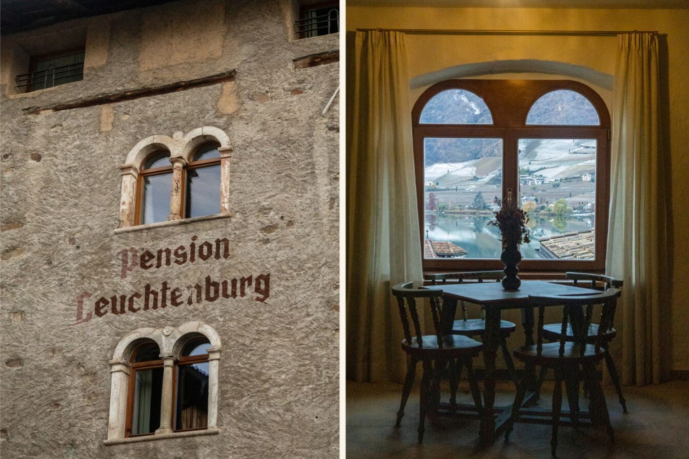 „Traditionelle Pension Leuchtenburg in Südtirol mit historischer Fassade und Rundbogenfenstern sowie Innenraum mit Blick über den Kalterer See und die umliegenden Weinberge.“