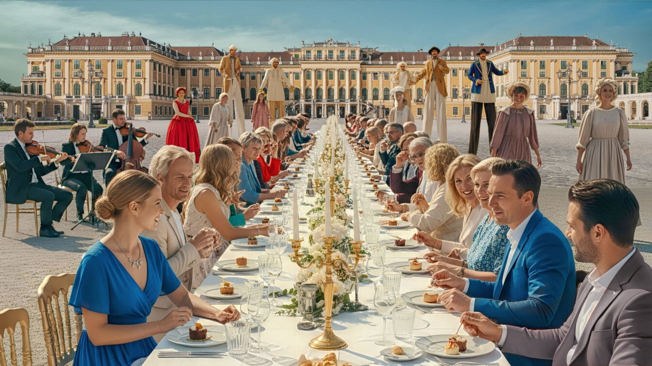 (c) The Grand Table Event Visualisierung mit einer gedeckten Tafel mit Menschen vor dem Schloss Schönbrunn in Wien
