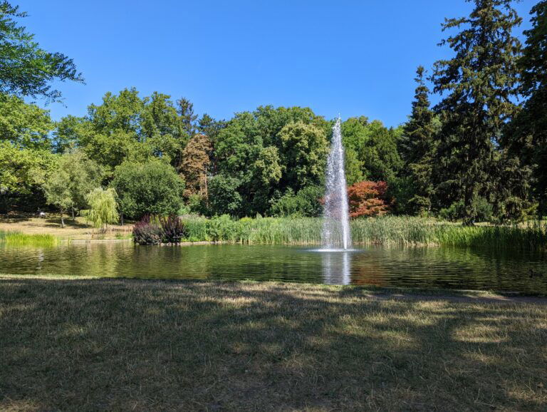 Herbst & Sonne in Wien: Blick auf den Teich mit Springbrunnen und Bäumen rundherum im Türkenschanzpark, 1180