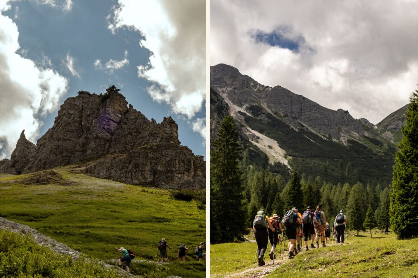 Wanderung im Stubaital auf den Blaser – imposante Felsformation und dichter Wald mit aktiven Wanderern.