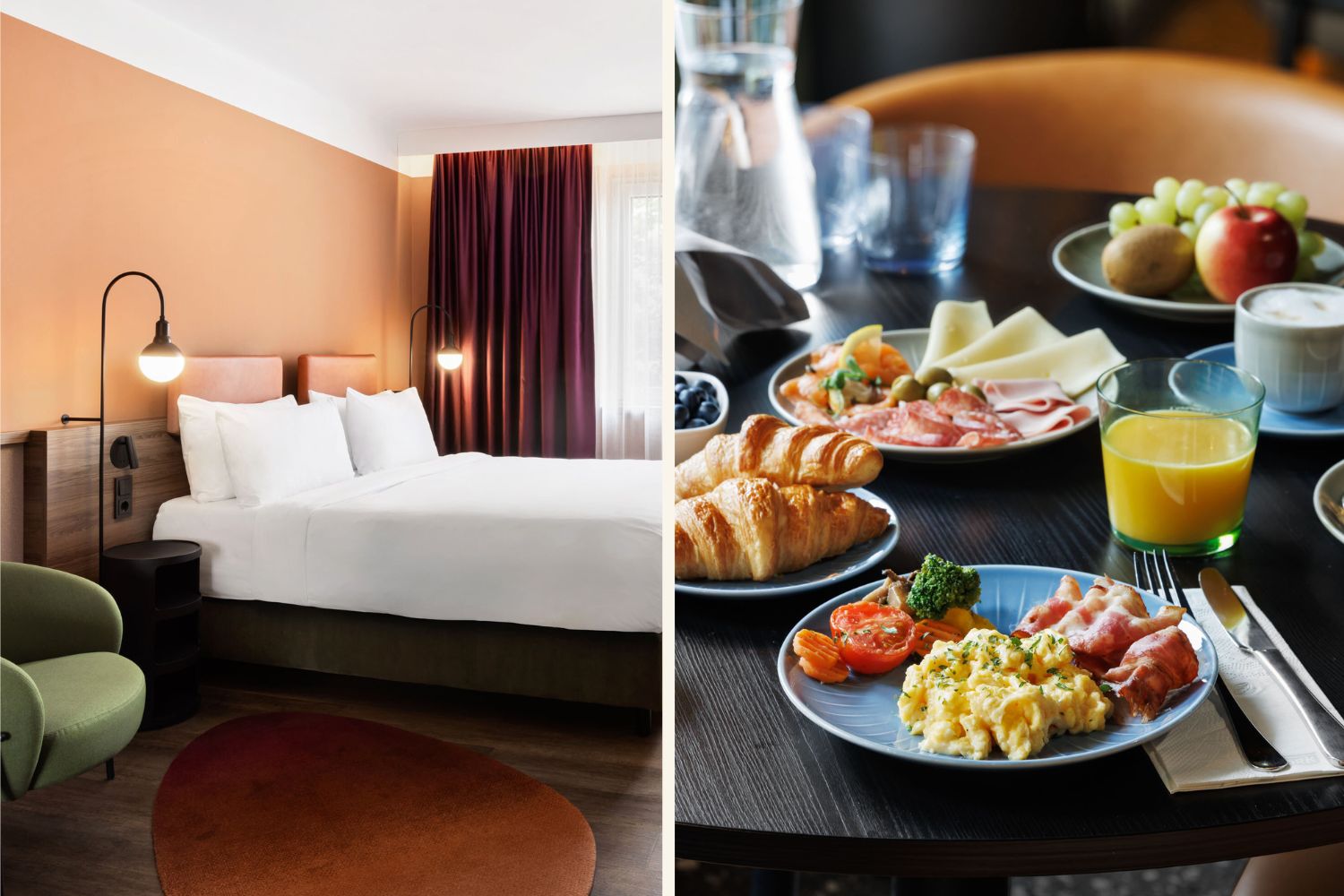 links Superior Room im Hotel Mayburg, rechts Frühstückstisch