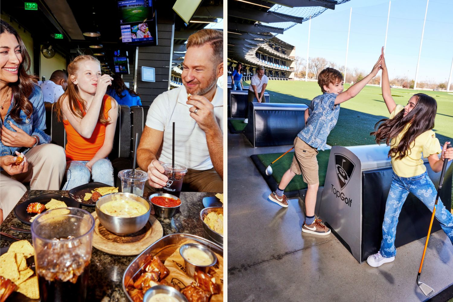 Eine Collage aus zwei Bildern. Links sieht man eine Frau, ein Kind und einen Mann beim Essen von amerikanischen Snacks. Links geben sich zwei Kinder ein High Five am Golfplatz.