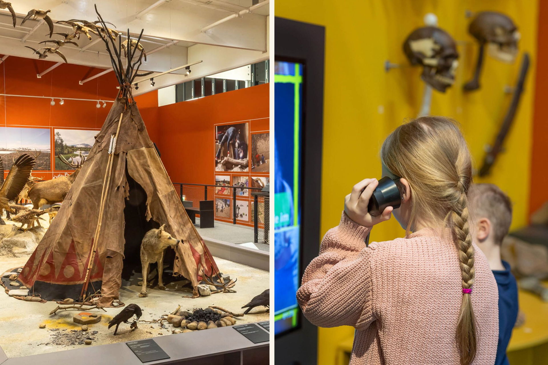Die Ausstellung EISZEIT im MAMUZ Museum Mistelbach mit einem Tipi und Wölfen und Kindern an einer Erlebnisstation.