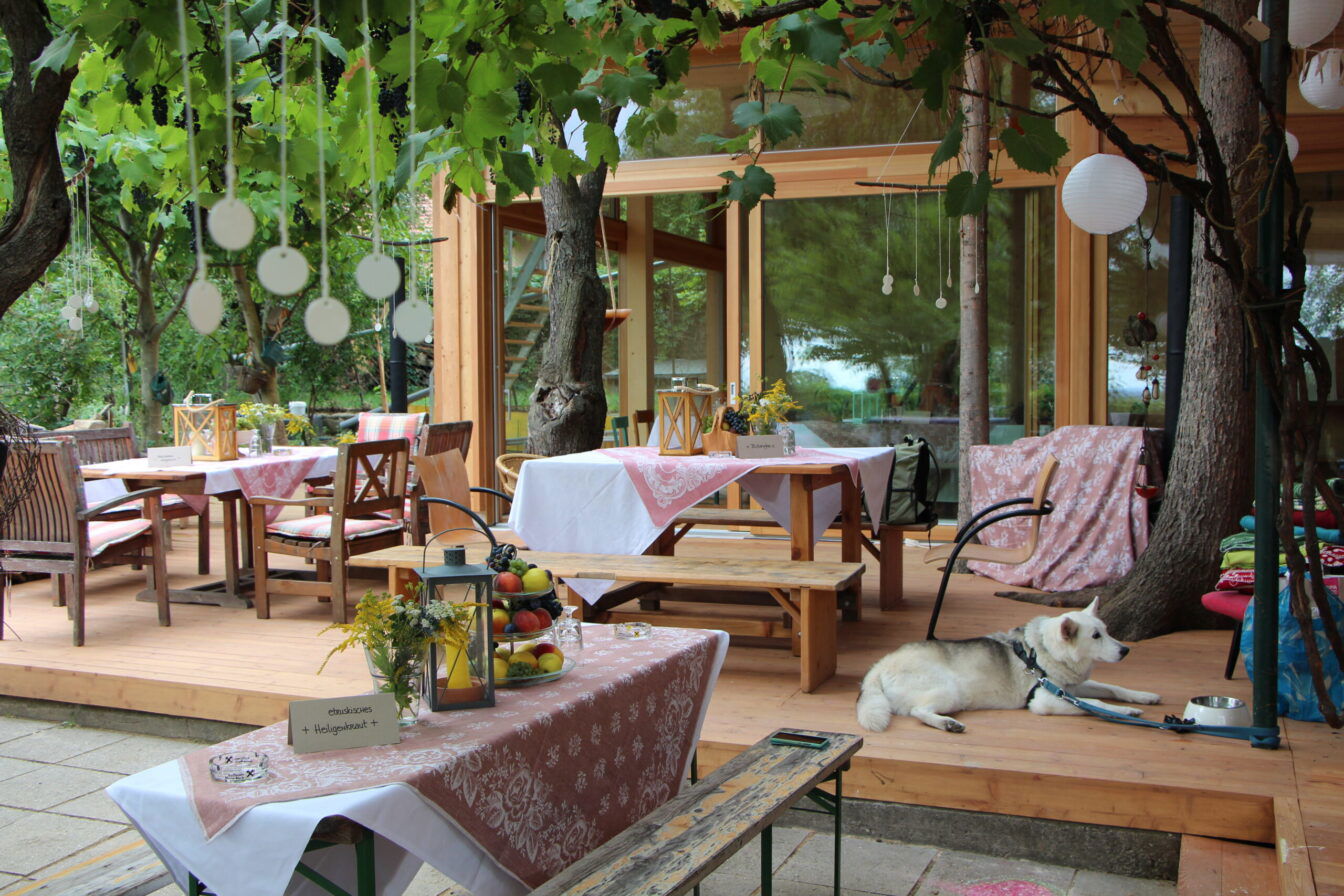 der grüne Gastgarten mit Tischen und Sesseln der Buschenschank Weinhandwerk in Wien