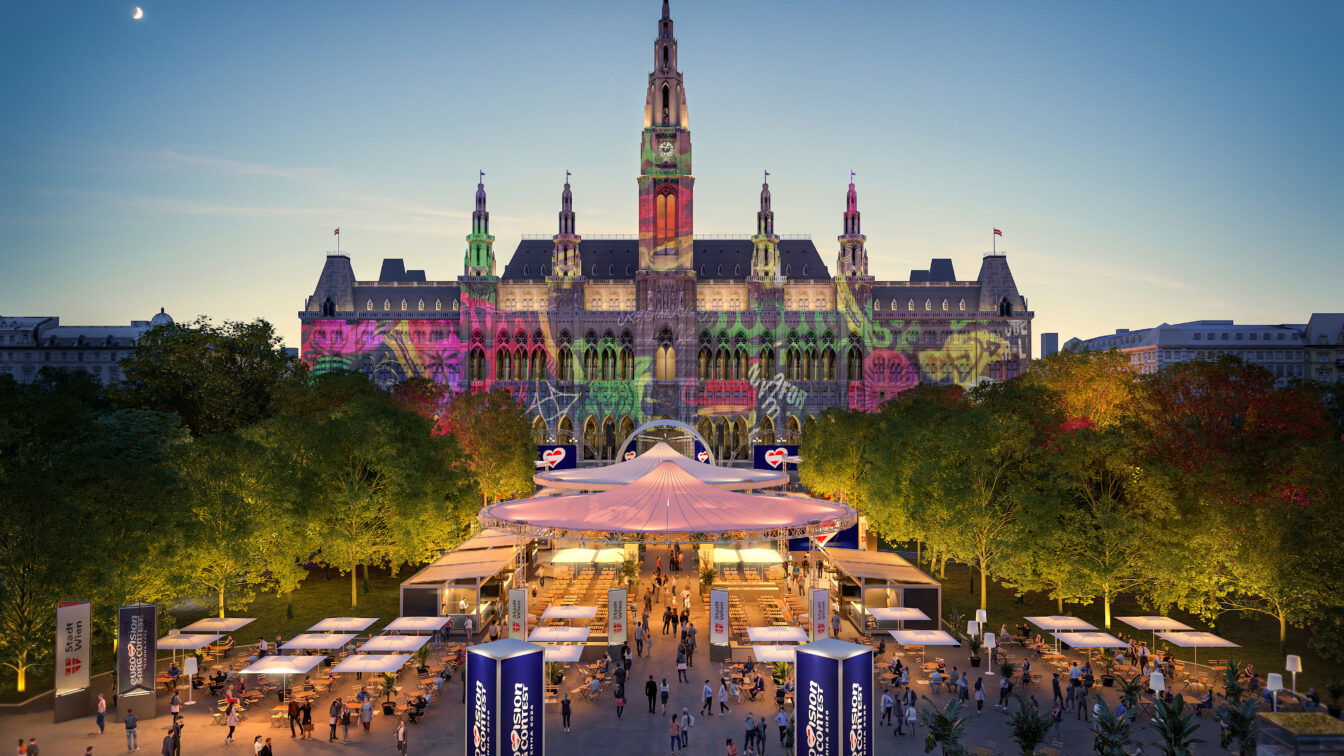 So soll das "Eurovision Village" am Rathausplatz aussehen. (c) ZOOMVP.AT Rendering: So wird das "Eurovision Village" am Rathausplatz aussehen.