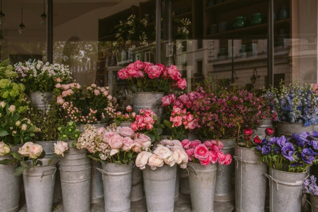 Foto von vielen Eimern mit bunten Blumen gefüllt vor einer Festerfront.