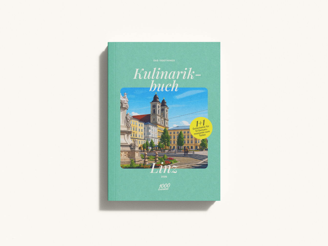 Mockup des 1000things Kulinarikbuchs: Linz 2026