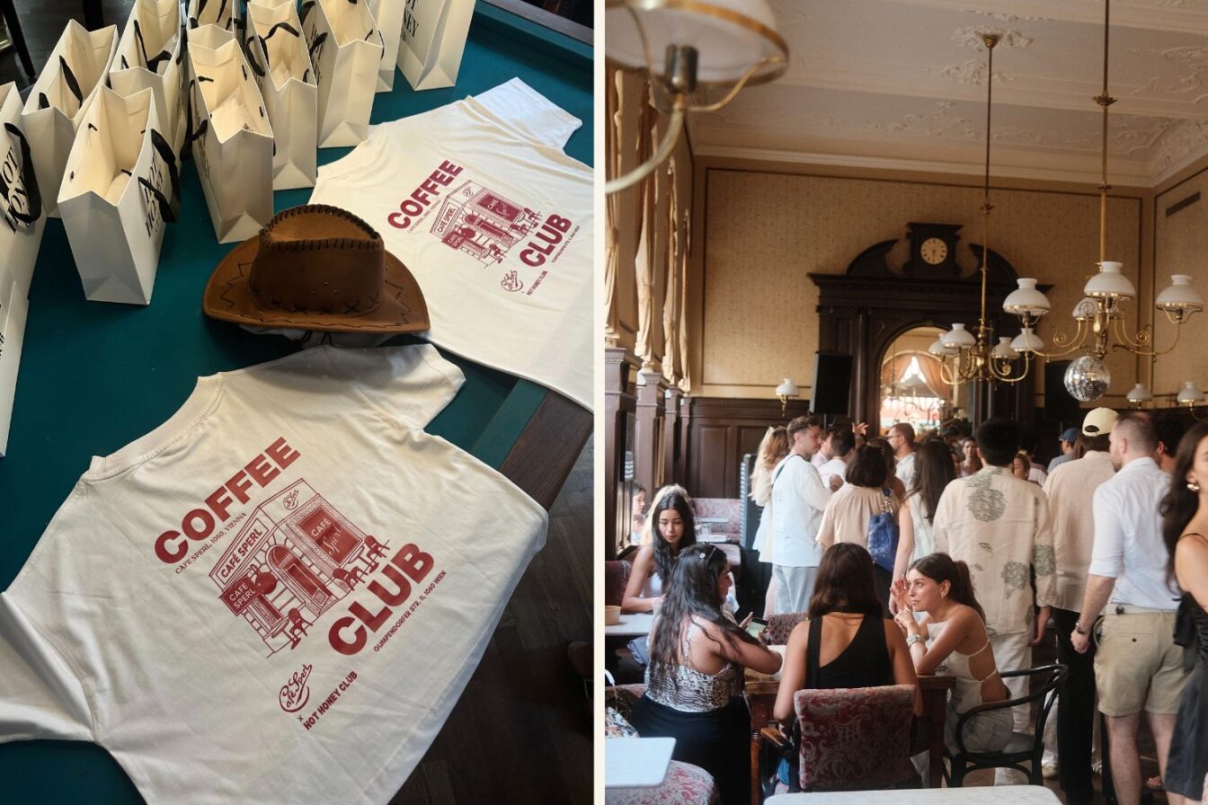 Eine Collage aus zwei Bildern: Links T-Shirts und Goodie Bags des Hot Honey Clubs und recht Menschen in einem Wiener Kaffeehaus.