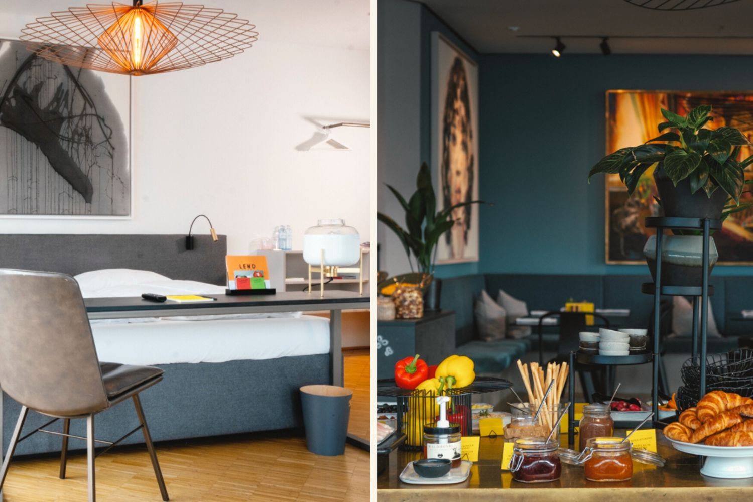 Links sieht man ein Zimmer im Lendhotel, rechts sieht man das Frühstücksbuffet mit Paprika, Marmeladen und Croissants.
