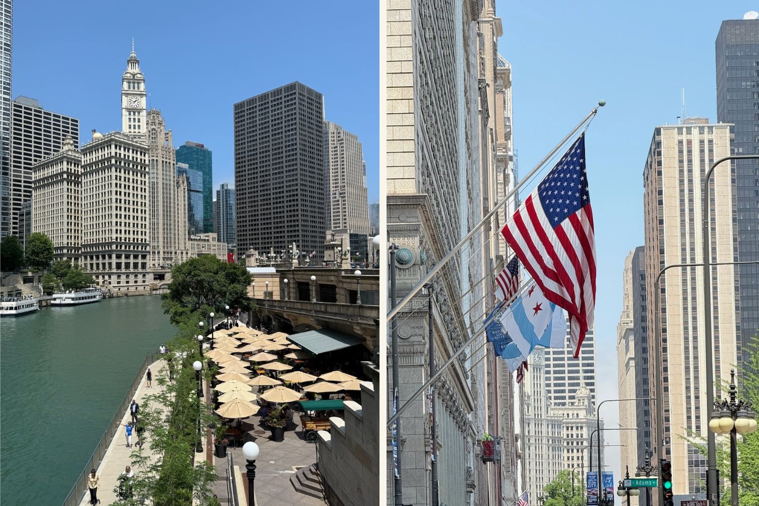 Die Esplanade in Chicago und die amerikanische Flagge.