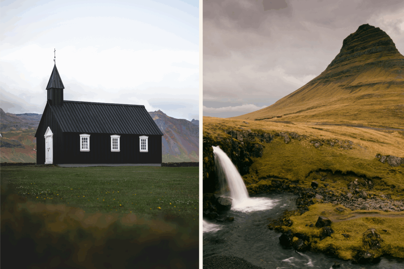 Die schwarze Kirche Búðakirkja und der Berg Kirkjufell auf Snaefellsnes.