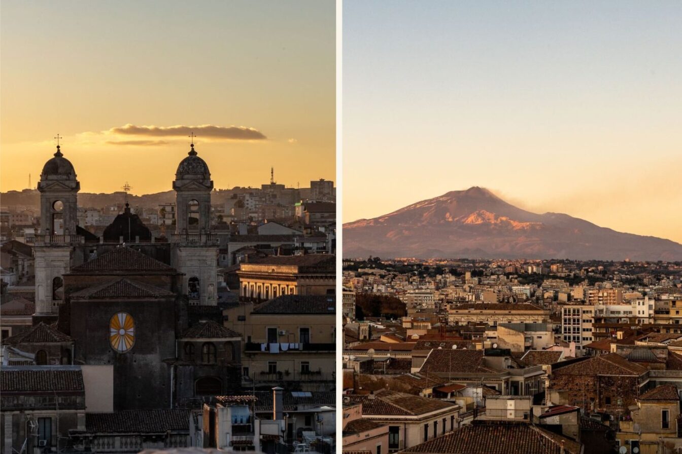 Eine Kirche, hinter der die Sonne untergeht und der Blick auf einen Berg in Catania.