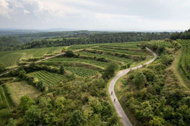 Weinwanderung in der Umgebung von Wien: Langenlois von oben mit Radwegen zwischen Weinreben