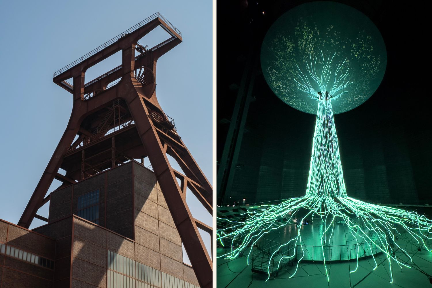 Collage von Zeche Zollverein und der Ausstellung Mythos Wald im Gasometer Oberhausen
