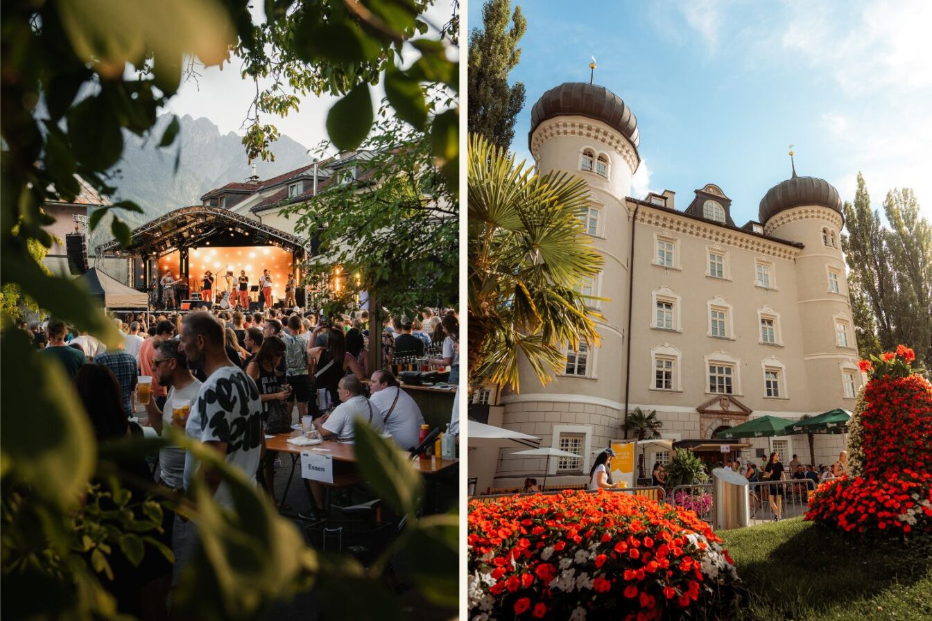 Links ein Festival in Lienz und rechts ein prunkvolles Gebäude