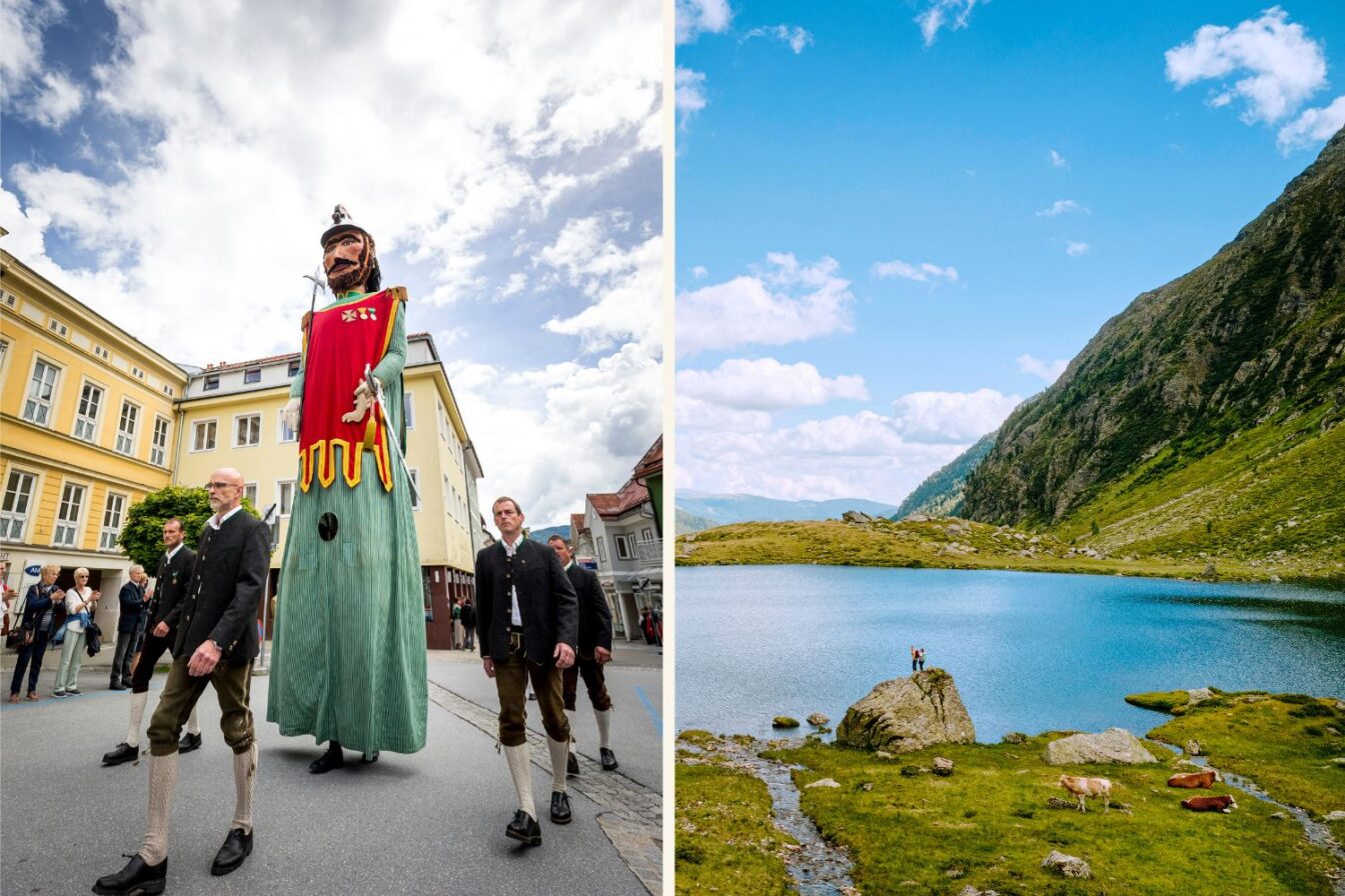 Links eine riesige Figur bei den Samsonumzügen, rechts ein Bergsee bei Murau