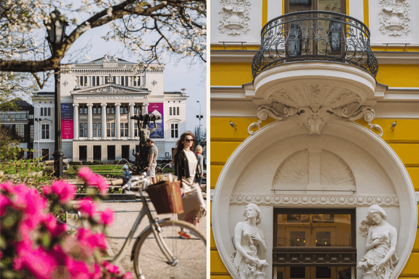 Die Altsatdt von Riga im Frühling mit blühenden Bäumen und eine Art Nouveau Fassade.
