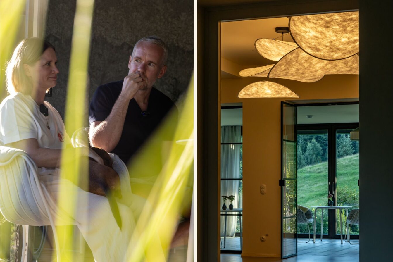 Paar sitzt im lichtdurchfluteten Innenraum des Guesthouse, daneben eine Aufnahme der besonderen Deckenbeleuchtung mit Blick auf die Terrasse.