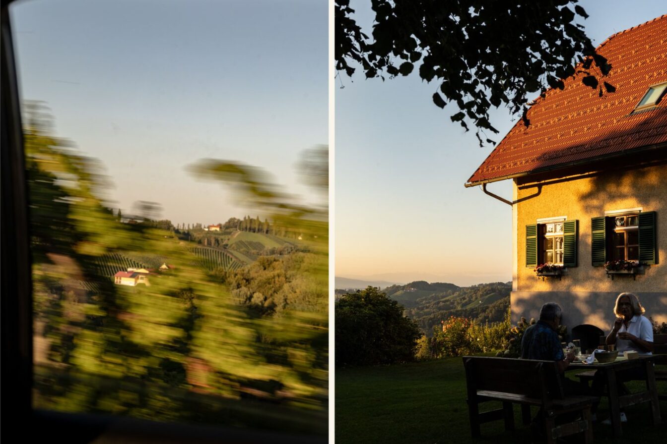 Stimmungsvoller Abend: Gäste sitzen im Garten eines Hauses mit Blick über die sanften Hügel der Südsteiermark, goldenes Sonnenlicht fällt auf die Fassade.