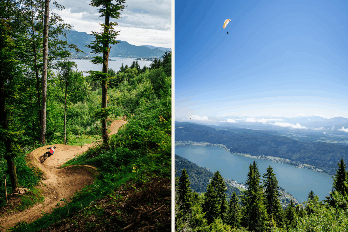 Links das Trailcenter zum Biken im Wald, rechts ein Flug über den Ossaicher See