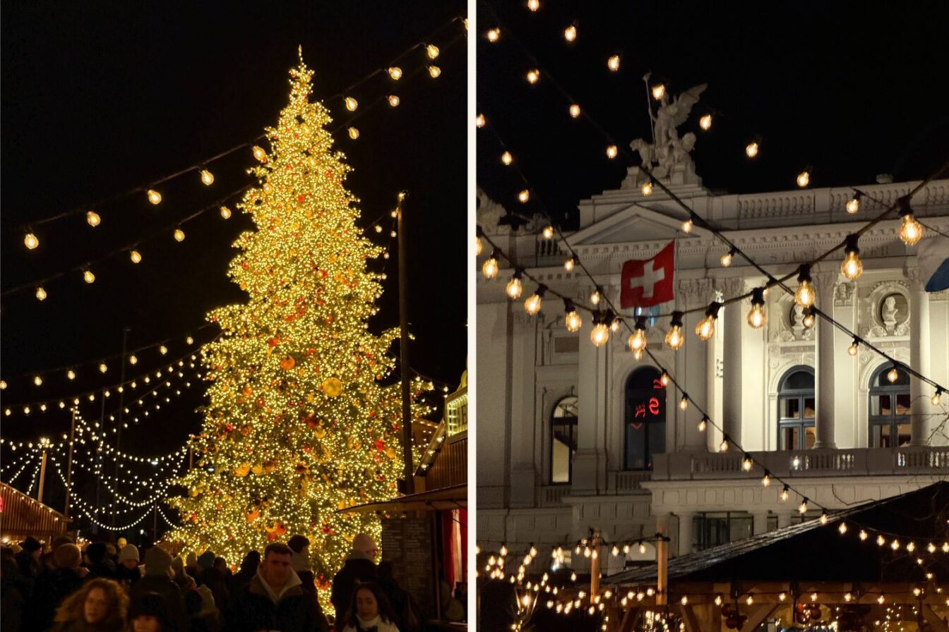 Zweiteilige Aufnahme eines stimmungsvollen Zürcher Weihnachtsmarkts bei Nacht. Links ein riesiger, hell erleuchteter Weihnachtsbaum mit goldenen Lichterketten und roten Kugeln, umgeben von vielen Besuchern. Rechts eine klassizistische Fassade mit Schweizer Flagge, festlich beleuchtet und von Lichtergirlanden überspannt.