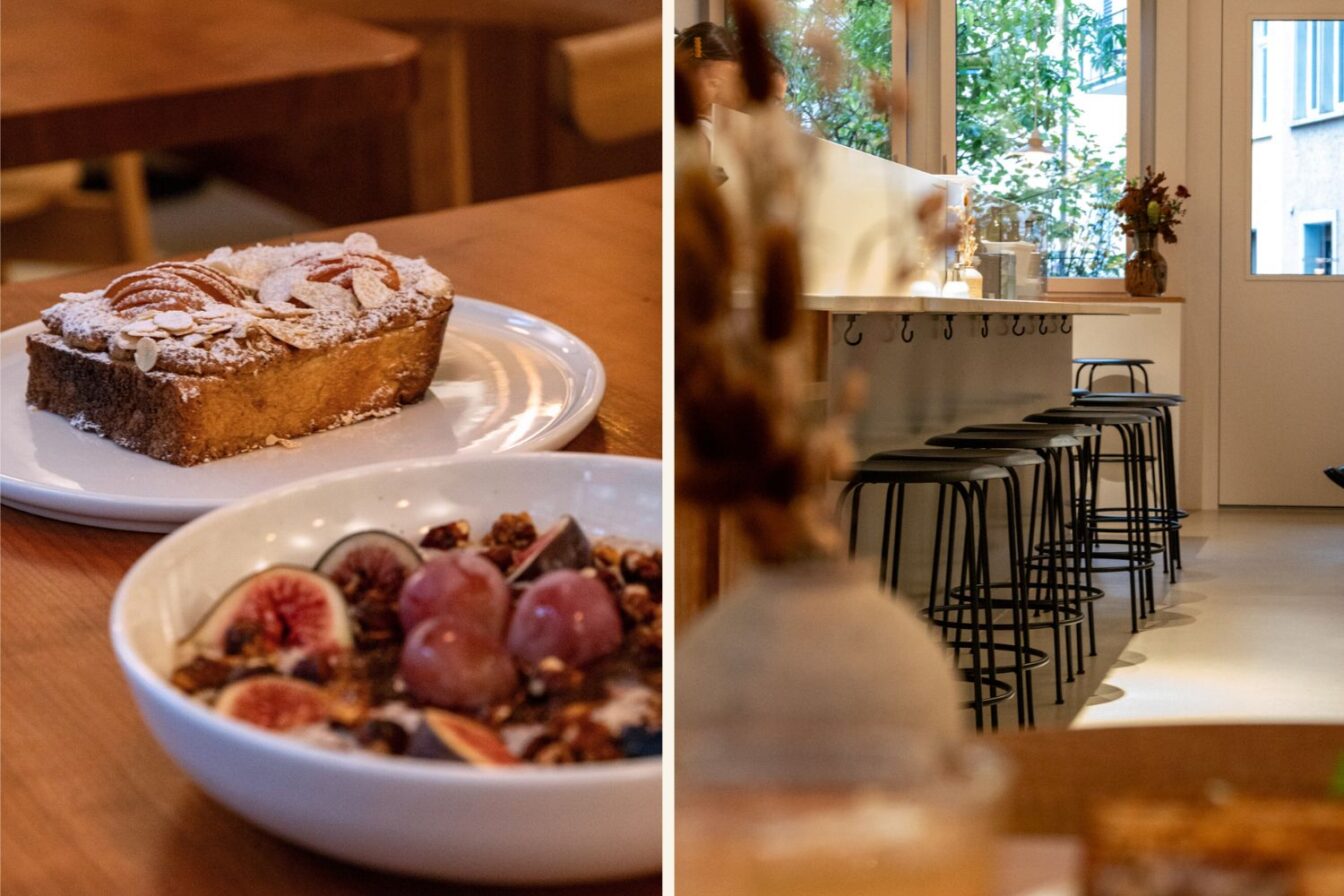 Gemütliche Atmosphäre im Café Irma, einem modernen Spot für Brunch in Zürich, mit hausgemachtem Kuchen, einer Schüssel mit Früchten und Nüssen sowie einer hellen, minimalistischen Einrichtung mit Barhockern und Pflanzen.