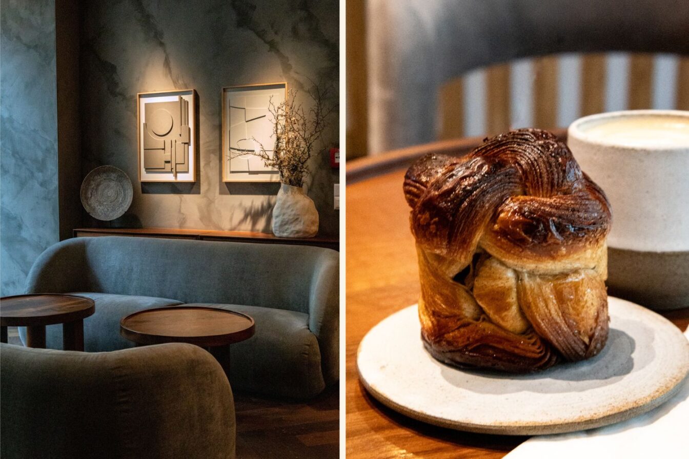 Stilvolles Interieur und feines Gebäck bei Être Pâtisserie, einem eleganten Ort für Brunch in Zürich, mit modernen Kunstwerken, gemütlichen Sitzmöbeln und einem goldbraunen Gebäck neben einer Tasse Kaffee.