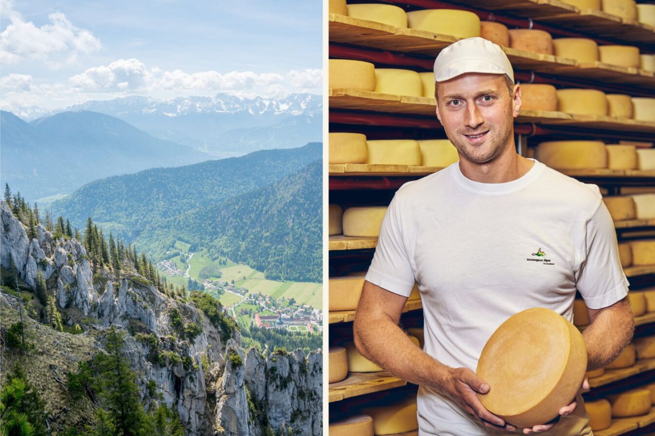 Ettal vom Gebirge aus und ein Mann in einer Schaukäserei in den Ammergauer Alpen