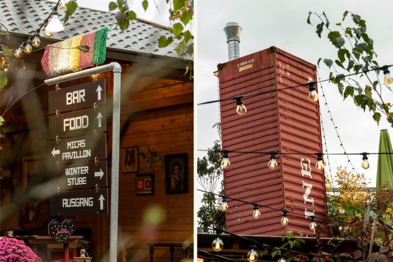 Collage mit zwei Ansichten von Frau Gerolds Garten in Zürich: links ein Wegweiser aus Metall mit Schildern zu Bar, Food, Pavillon und Winterstube vor einer Holzhütte, rechts ein roter Schiffscontainer mit Lichterketten und Bäumen im Hintergrund – urbaner Garten mit kreativer, gemütlicher Atmosphäre.