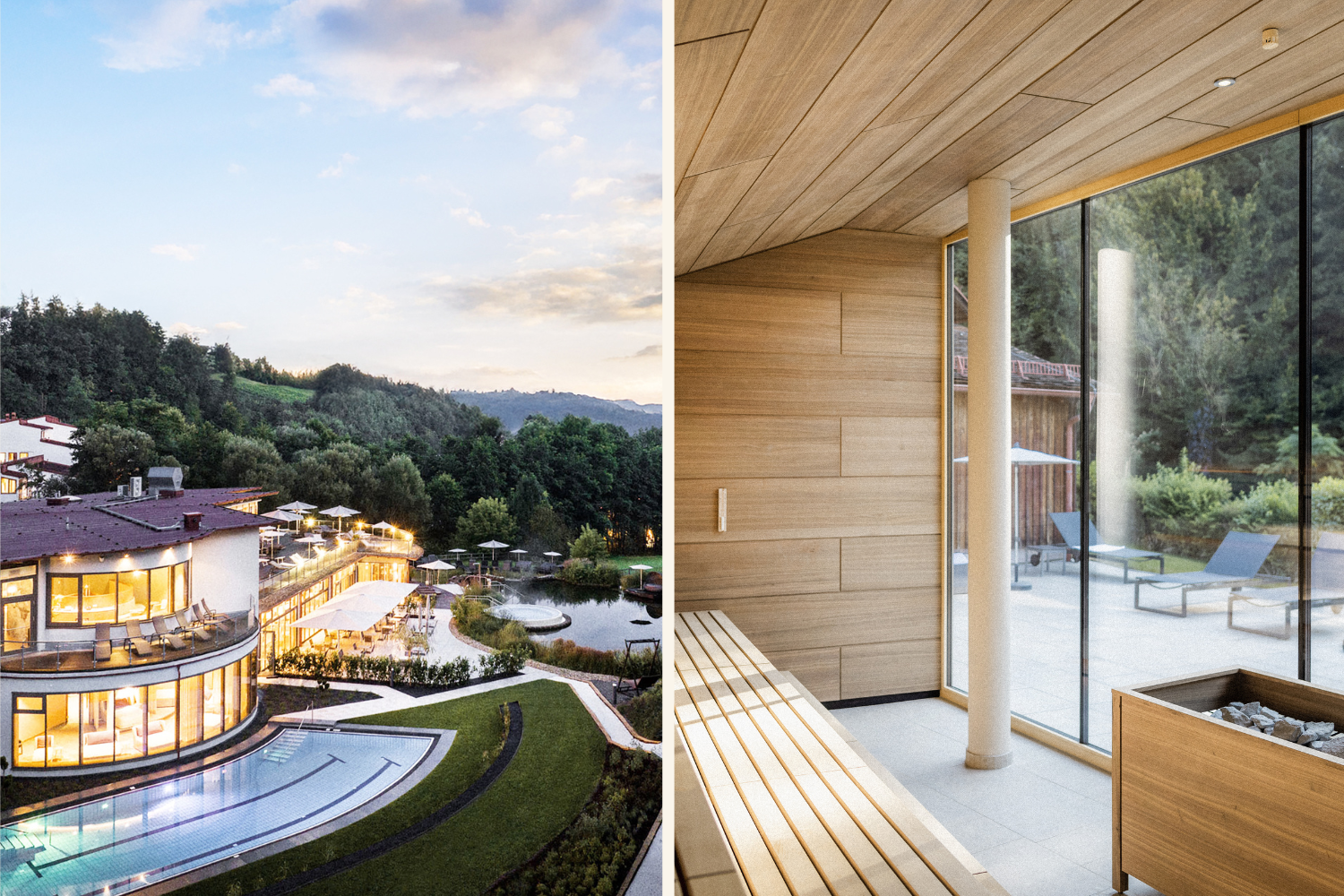 Heilthermen Resort Bad Waltersdorf von außen mit Pools und von innen mit Sauna (c) Heilthermen Resort Bad Waltersdorf