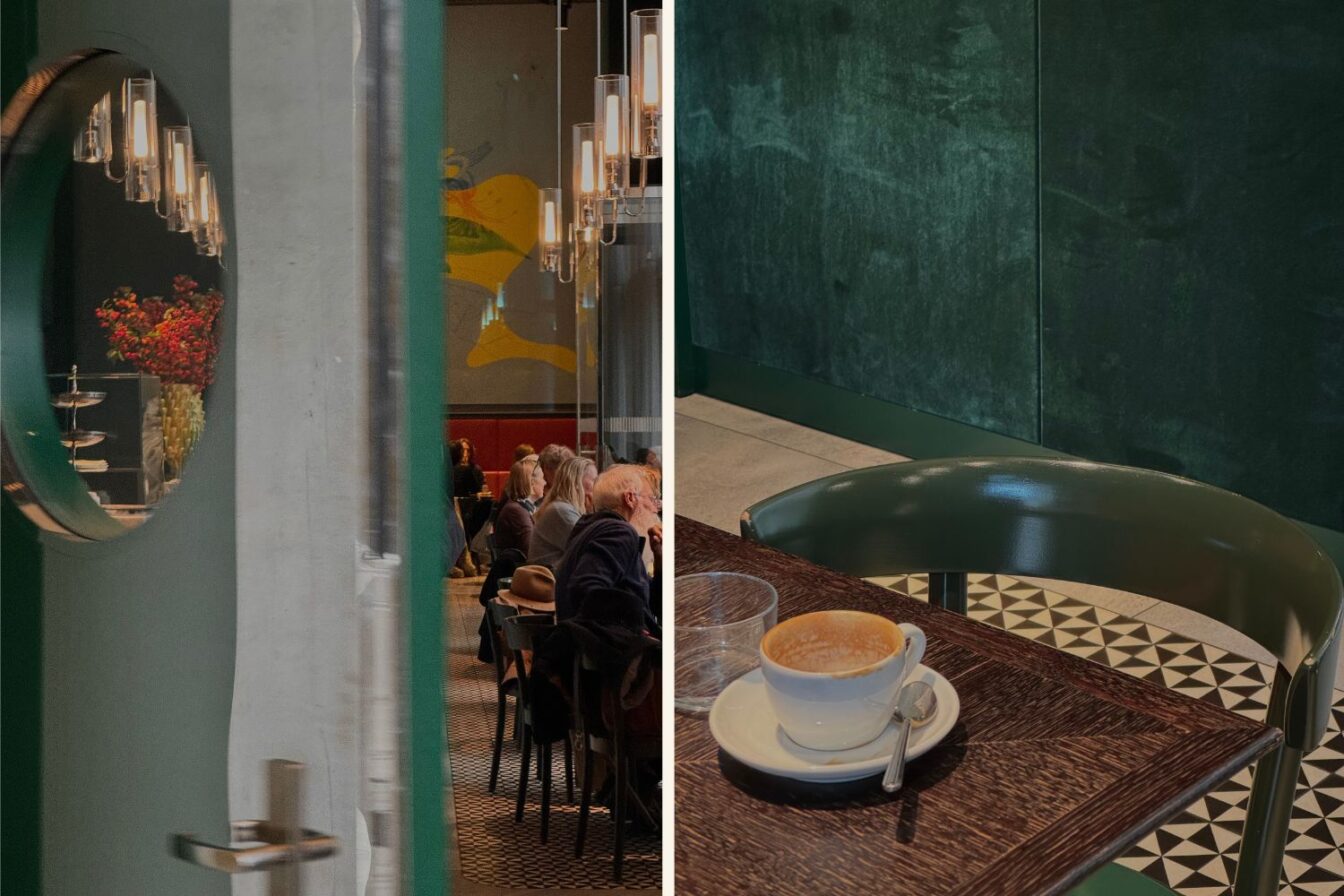 Collage mit zwei Ansichten der Kunsthaus Bar Zürich: links ein Blick durch die Tür in den lebhaften Gastraum mit modernen Lampen, grünen und roten Akzenten sowie Gästen bei Gesprächen; rechts eine Detailaufnahme eines Tisches mit leerer Kaffeetasse vor einer dunkelgrünen Wand und grafischem Bodenmuster – stilvolles, kunstnahes Ambiente