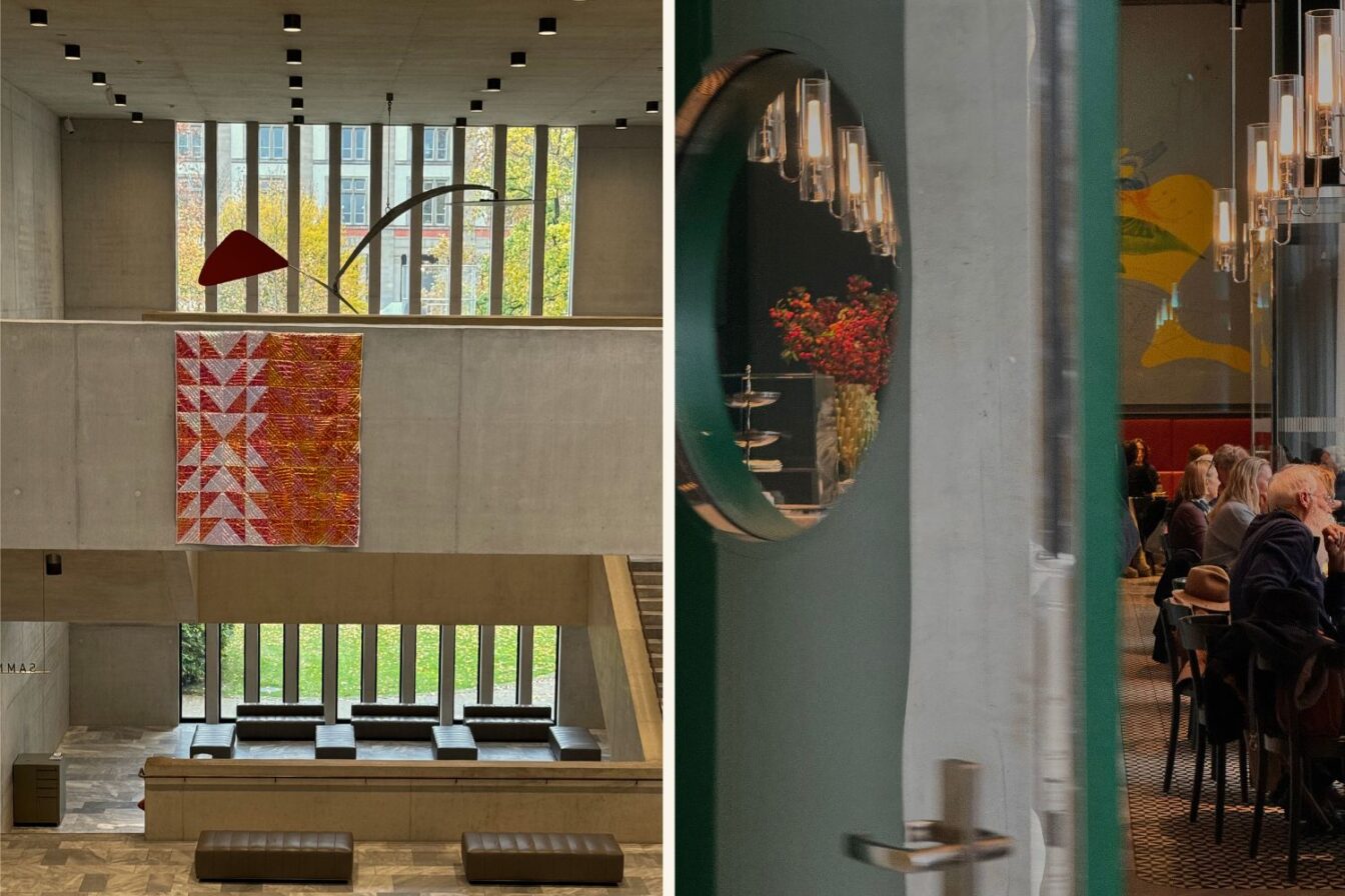 Gratis in Zürich: Innenansicht des Kunsthauses Zürich mit moderner Betonarchitektur, großen Fenstern und farbenfroher Kunstinstallation sowie Blick in ein stilvolles Café mit Spiegel, Blumen und Gästen.