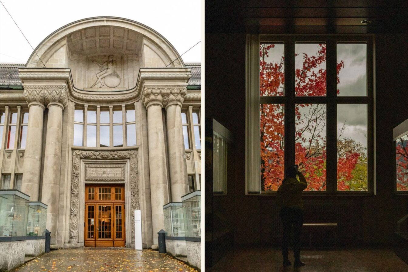 Gratis in Zürich: Eingang des Naturkundemuseums mit eindrucksvoller Steinfassade und Säulen sowie Blick aus dem Inneren auf buntes Herbstlaub durch große Fenster