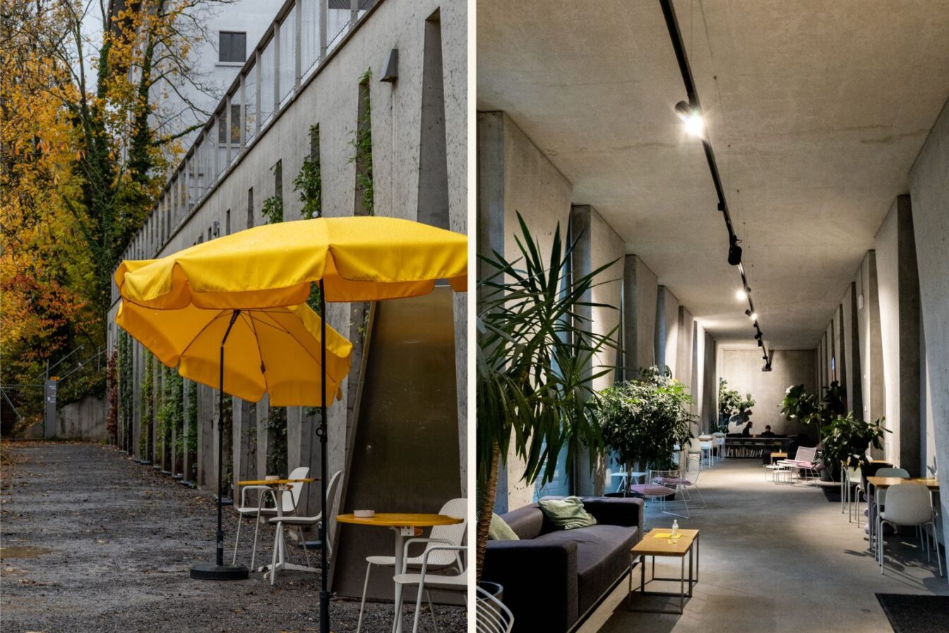 Collage mit zwei Ansichten von Nude Zürich: links der Außenbereich mit gelben Sonnenschirmen und minimalistischen Sitzplätzen vor einer Betonfassade im Herbst; rechts der Innenraum mit modernen Möbeln, Pflanzen und klarer Architektur – ein helles, urbanes Café mit entspannter Atmosphäre