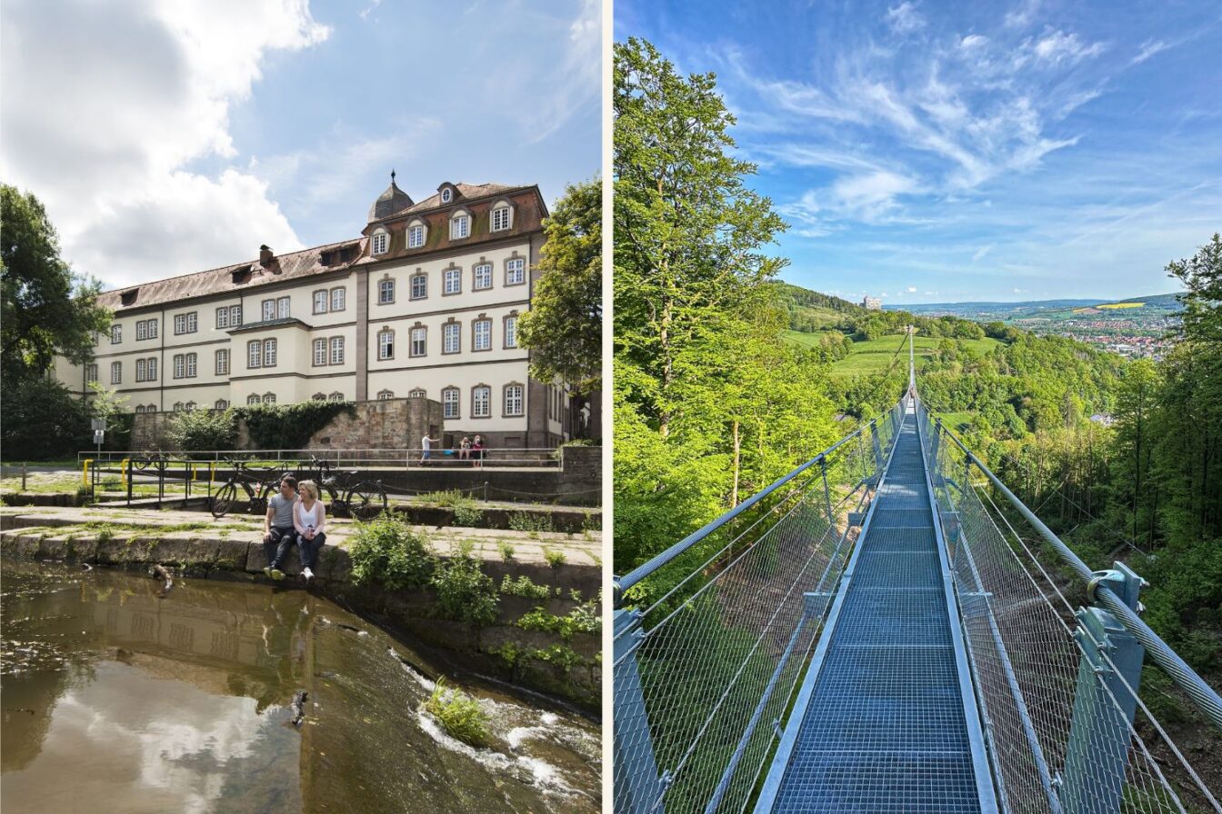 Ein Paar, das am Ufer der Fulda sitzt und eine lange Hängebrücke in Rotenburg