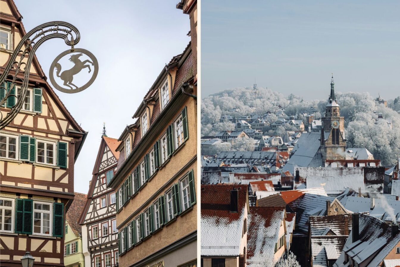 Details aus der historischen Altstadt in Tübingen und die Stadt im Winter