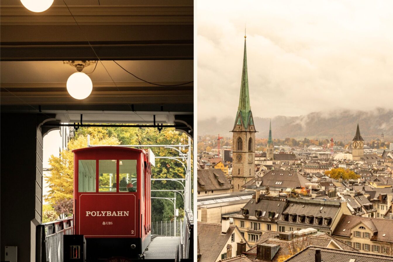 Gratis in Zürich: Rote Polybahn vor herbstlichen Bäumen und Blick über die Altstadt von Zürich mit Kirchtürmen und nebligen Hügeln im Hintergrund.