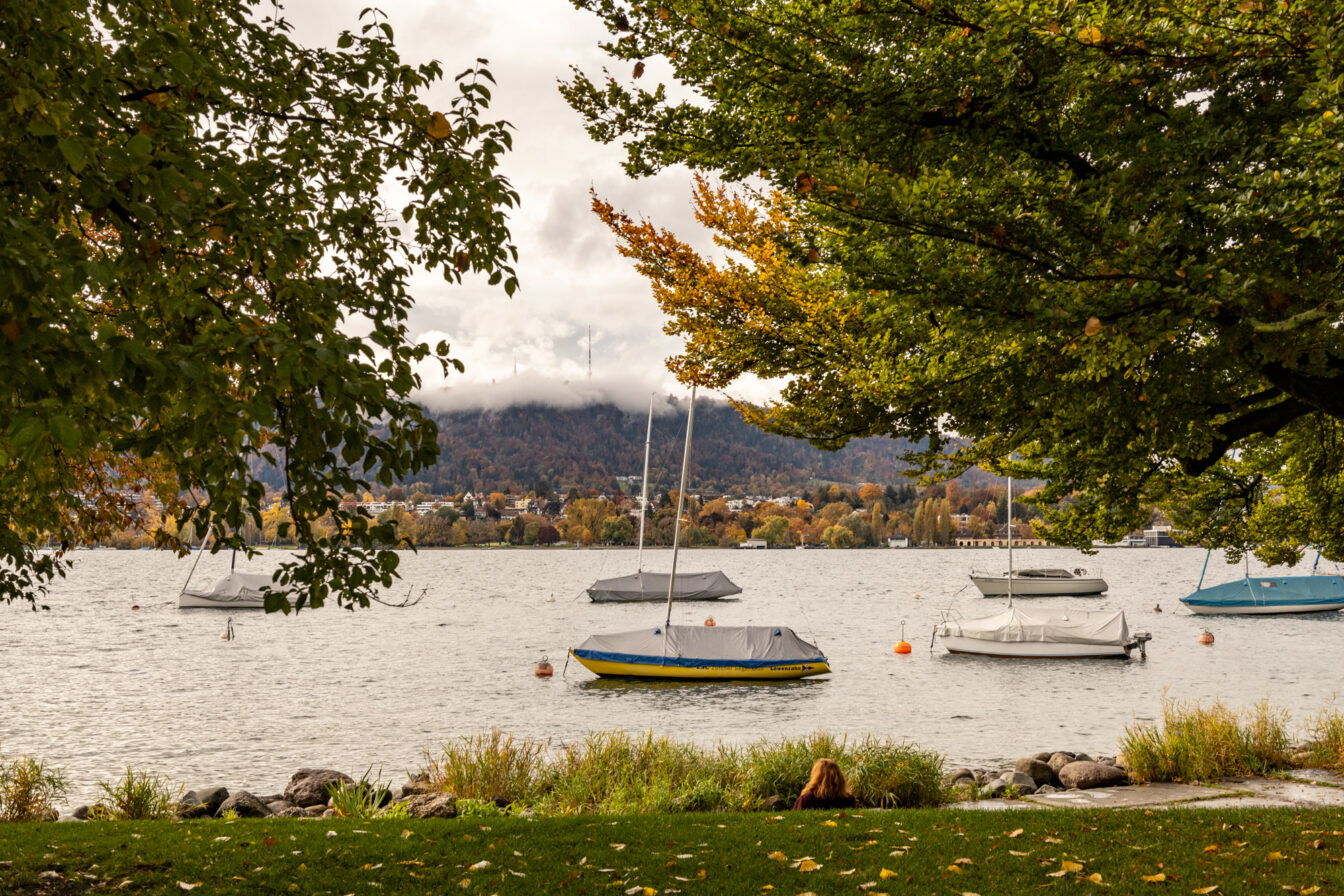 Blick durch herbstlich gefärbte Äste auf ein ruhiges Gewässer mit zwei abgedeckten Segelbooten, die vor Anker liegen. Im Hintergrund sind farbenfrohe Bäume, Gebäude am Ufer und bewaldete Hügel unter einem bewölkten Himmel zu sehen.