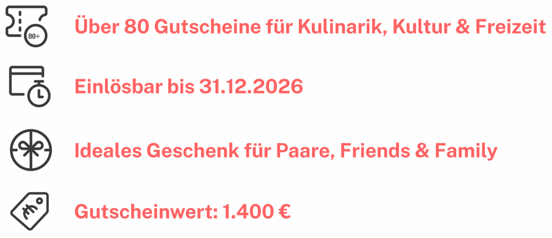 Grafik mit vier USPs: über 80 Gutscheine für Kulinarik, Kultur & Freizeit; einlösbar bis 31.12.2026; ideales Geschenk für Paare, Friends & Family; Gutscheinwert 1.400 €. Links jeweils passende Icons.