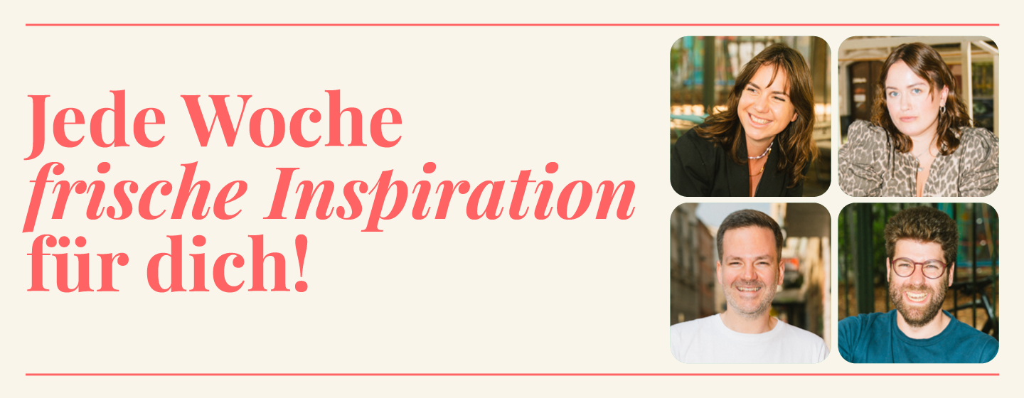 Newsletter-Header mit Claim „Jede Woche frische Inspiration für dich!“ und vier freundlichen Porträtfotos des 1000things-Teams in warmem Look.