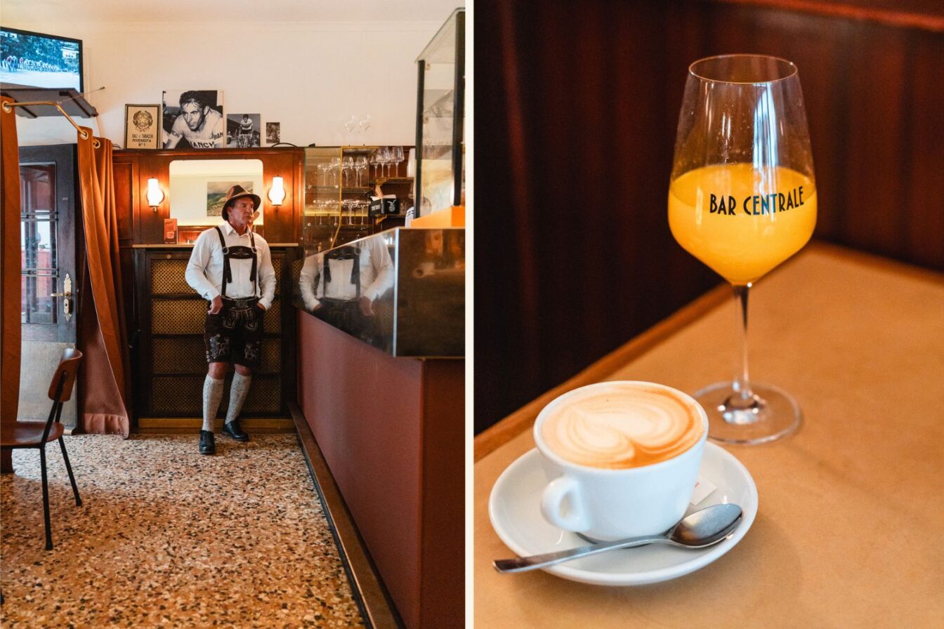 Ein Mann an der Theke der Bar Centrale und eine Mimose neben Cappuccino.