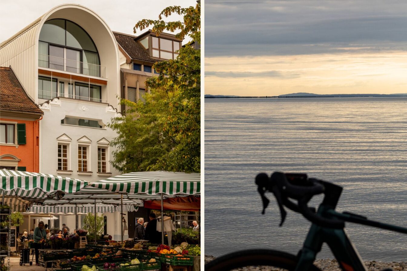 Linkes Bild:
Ein lebhafter Wochenmarkt mit grünen und weißen Markisen vor historischen Gebäuden. Im Hintergrund steht ein modernes Gebäude mit großer, rund gewölbter Fensterfassade, eingerahmt von farbenfrohen Altstadthäusern und Bäumen.

Rechtes Bild:
Blick über den ruhigen Bodensee bei weichem Abendlicht. Die Wasseroberfläche spiegelt den hellen Himmel, im Vordergrund ist unscharf der Lenker eines Fahrrads zu sehen, während am Horizont entfernte Uferlinien erscheinen.