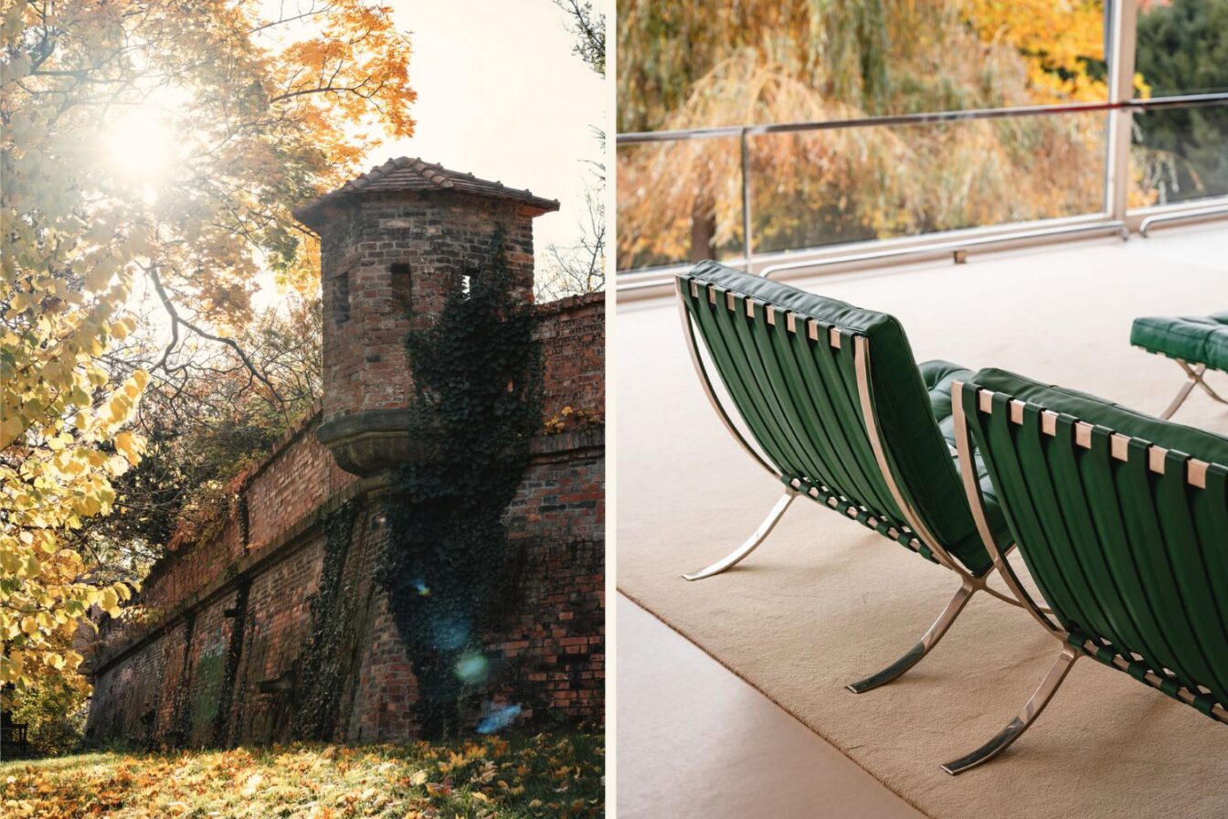 Links der Špilberk Park, rechts Details aus der Villa Tugendhat in Brünn