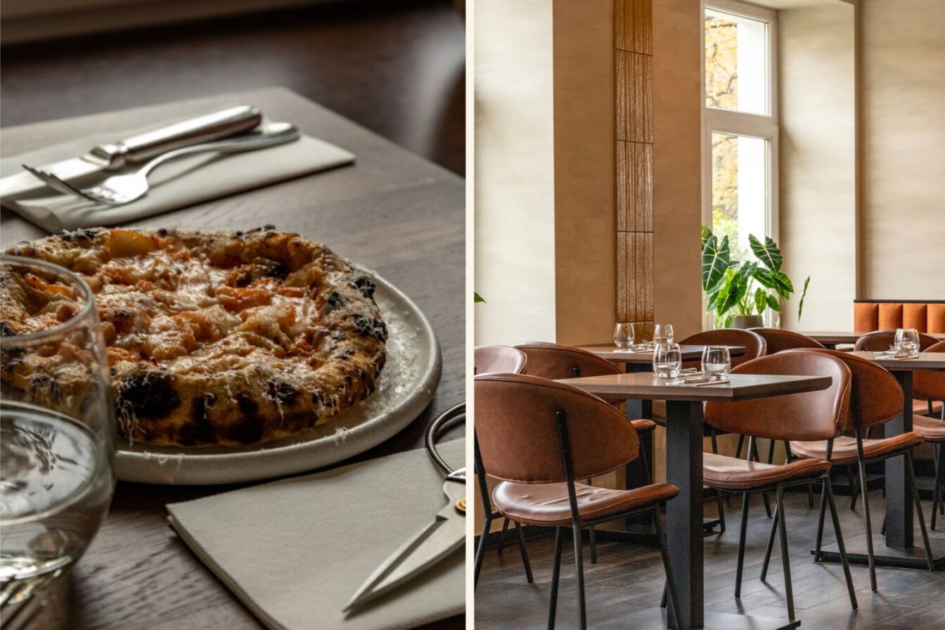 Holzofen-Pizza im außergewöhnlichen Restaurant Char Zürich, serviert auf rustikalem Holztisch – moderne Gourmetküche in Zürich.